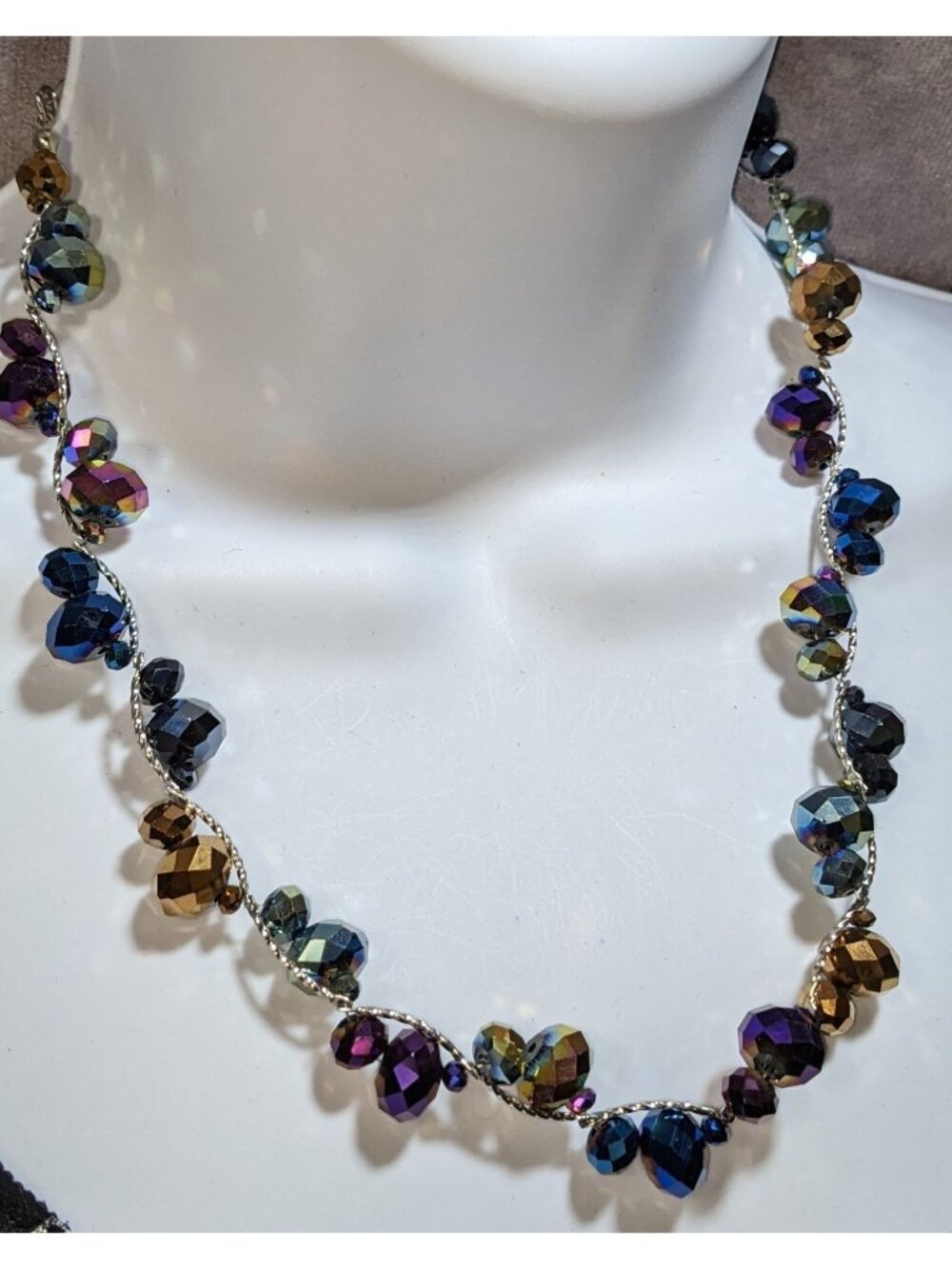 Iridescent Glass Beaded Necklace Rainbow Crystal Silver Tone Statement Jewelry